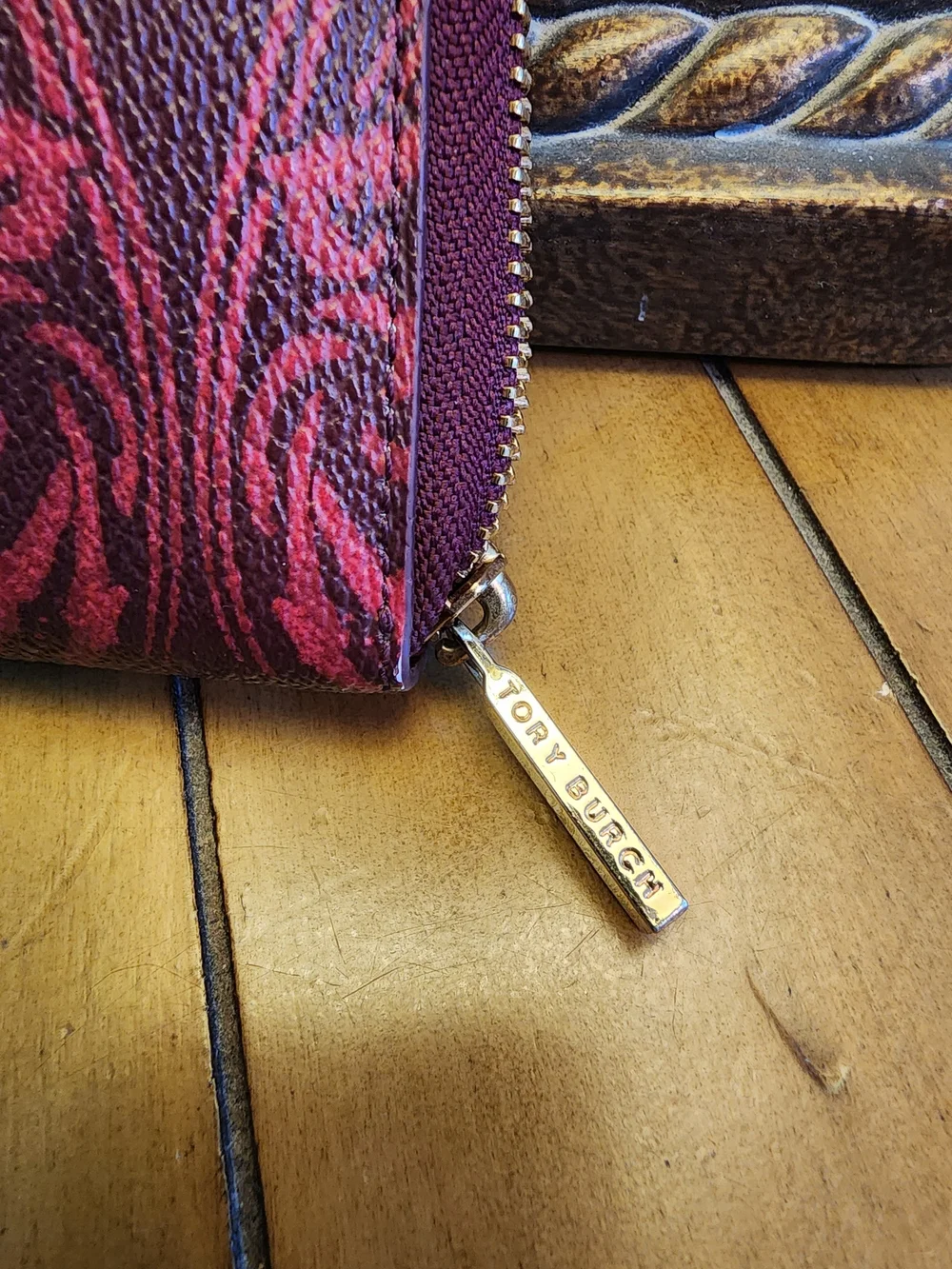 Tory Burch Kerrington Mini Wallet Clutch - Red Maroon Damask Print